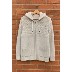 Fat Face Wool Knit L Zip Lined Fleece Hood Cardigan Sweater Beige Unisex